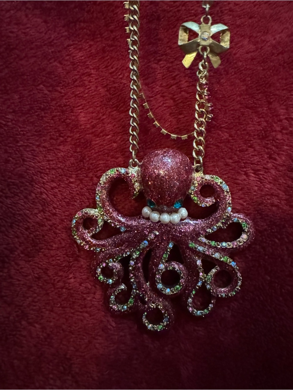Betsey Johnson Pink Glitter Octopus Necklace with Pearl Collar